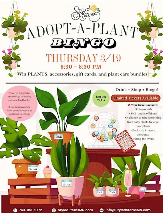 Adopt-A-Plant BINGO March 19, 6:30-8:30